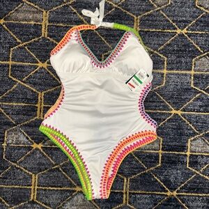 Bar III Swimsuit. White One Piece w/Multi Colored Trimming. Size Large.